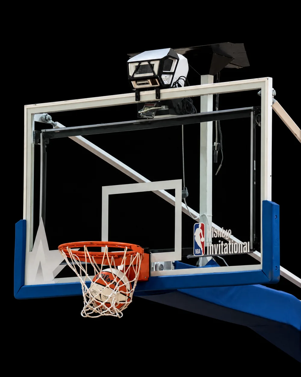Swish sensor mounted on the hoop frame above the backboard