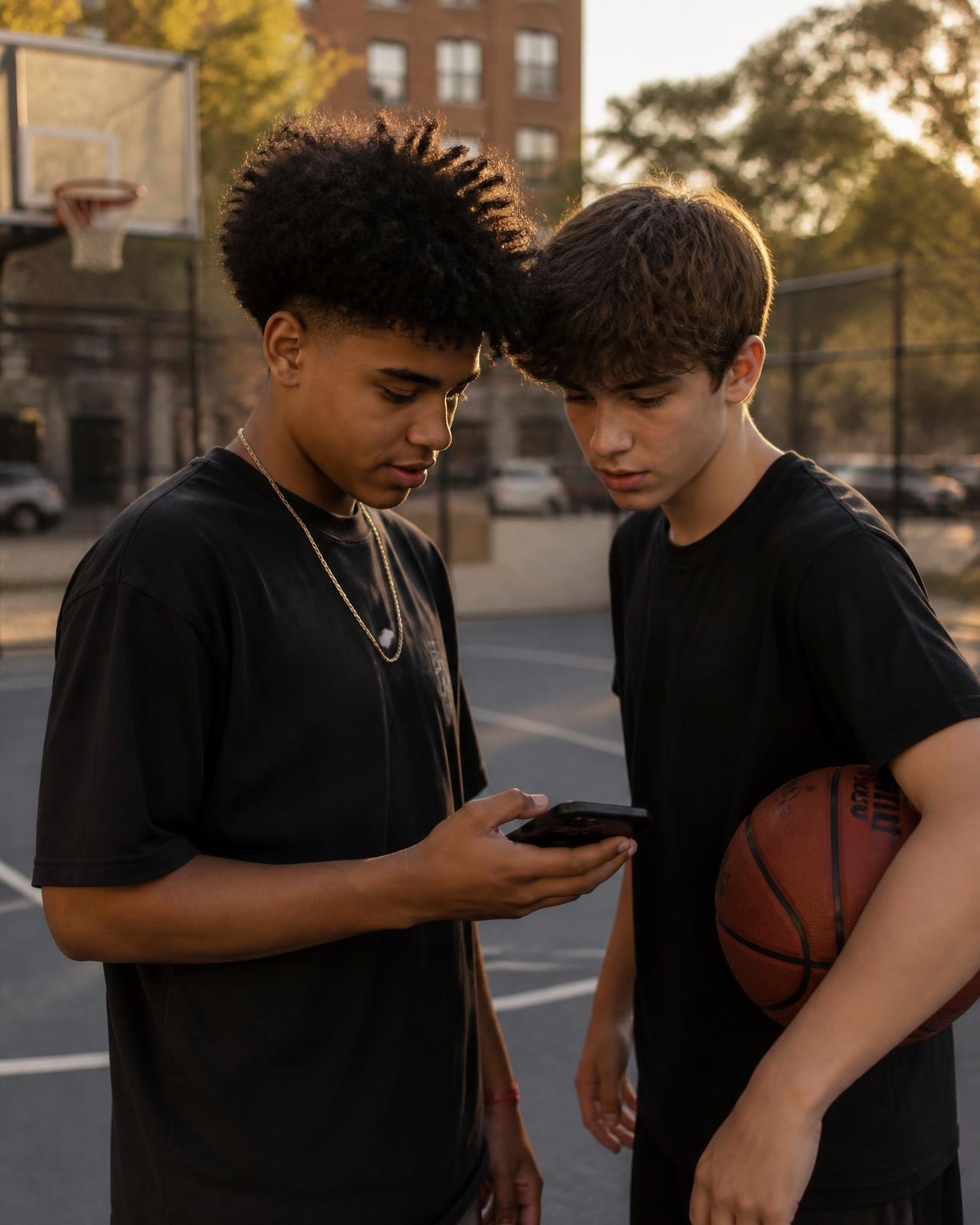 Two young players checking the Swish app on court